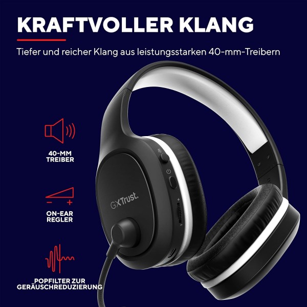 PS5, PS4 및 PC용 Trust Gaming GXT 391 Thian 무선 헤드폰, 5.8GHz, USB 동글, 오버이어, 충전식, 마이크가 장착된 게임용 헤드셋, 가볍고 내구성이 뛰어난 - 블랙 Thian 무선 헤드폰 