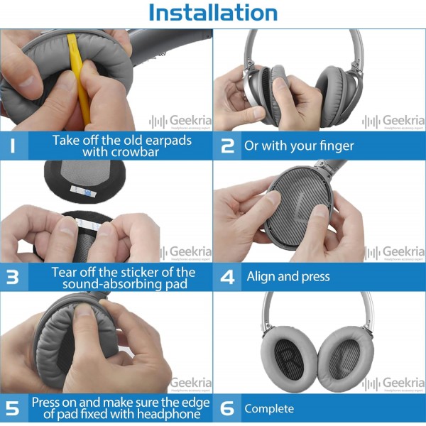 Bose QuietComfort QC45 QC35 QC35 ii QC35 ii 게임용 SoundLink 어라운드 이어 2 헤드폰 이어패드 헤드셋 이어패드 수리 부품용 Geekria QuickFit 단백질 가죽 교체용 이어패드(회색)