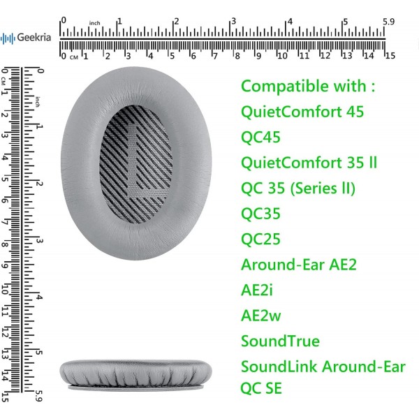Bose QuietComfort QC45 QC35 QC35 ii QC35 ii 게임용 SoundLink 어라운드 이어 2 헤드폰 이어패드 헤드셋 이어패드 수리 부품용 Geekria QuickFit 단백질 가죽 교체용 이어패드(회색)