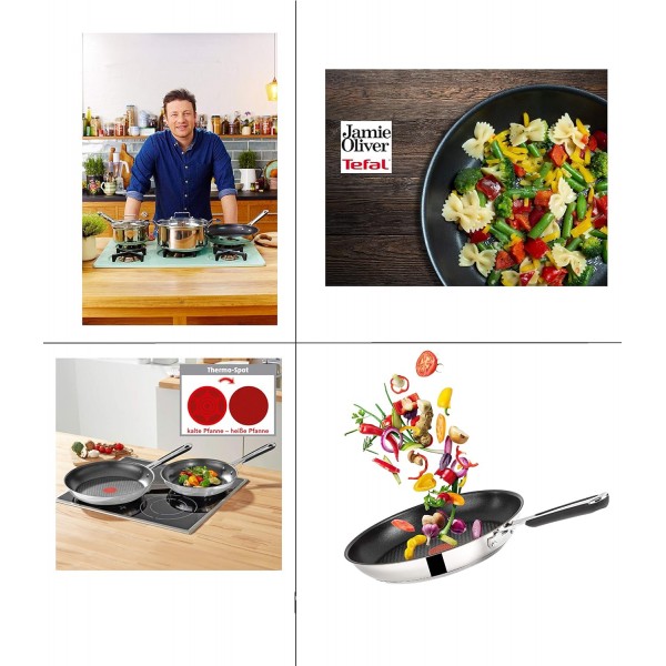 테팔 E30 제이미 올리버 서빙 팬 25cm 인덕션 2개, 측면 손잡이 2개 -SET20- 논스틱 서빙 팬, 스테인리스 스틸, 식기세척기 사용 가능, 인덕션 쿠커에 적합