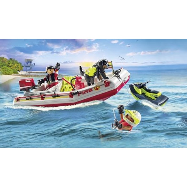 Playmobil 71464 액션 히어로즈: 수상 스쿠터가 달린 소방선, 흥미진진한 수중 구조, 재미있는 상상력 역할 놀이, 4세 이상 어린이에게 적합한 현실적인 플레이 세트