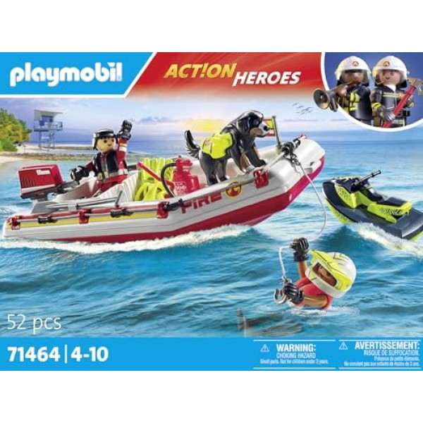 Playmobil 71464 액션 히어로즈: 수상 스쿠터가 달린 소방선, 흥미진진한 수중 구조, 재미있는 상상력 역할 놀이, 4세 이상 어린이에게 적합한 현실적인 플레이 세트