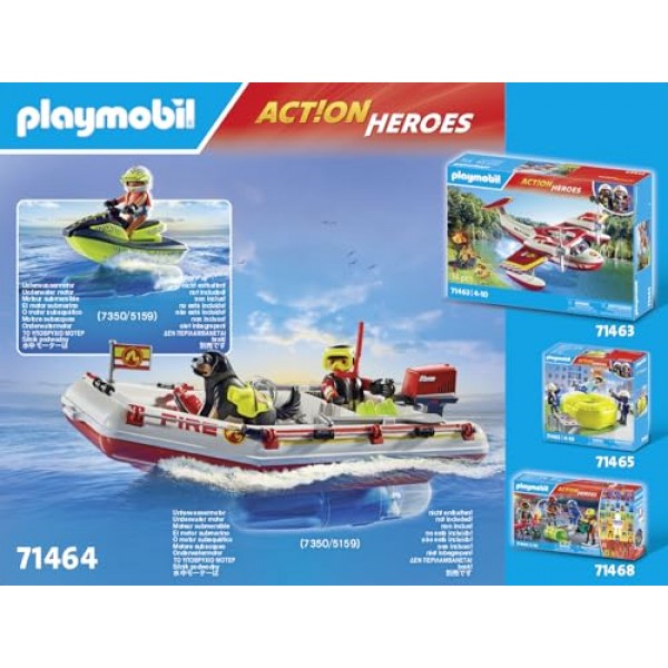 Playmobil 71464 액션 히어로즈: 수상 스쿠터가 달린 소방선, 흥미진진한 수중 구조, 재미있는 상상력 역할 놀이, 4세 이상 어린이에게 적합한 현실적인 플레이 세트