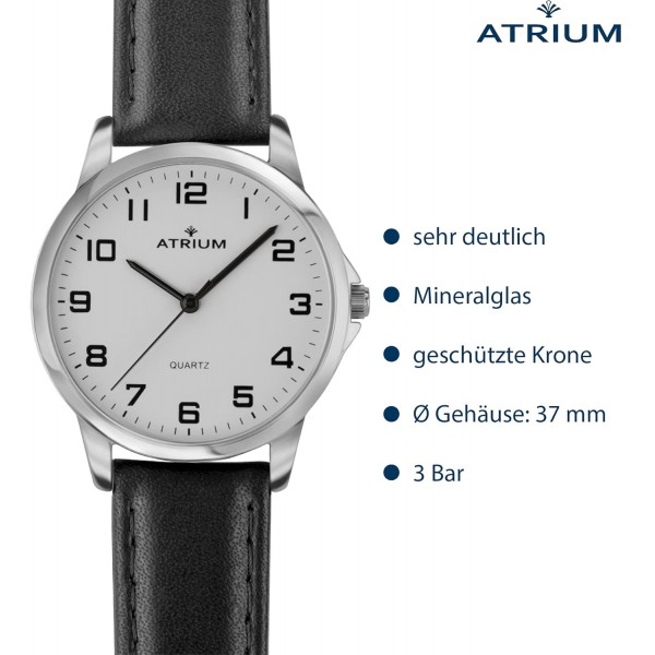 ATRIUM 남성용 시계 베리 클리어 실버 쿼츠 3 바 가죽 스트랩 A36-10
