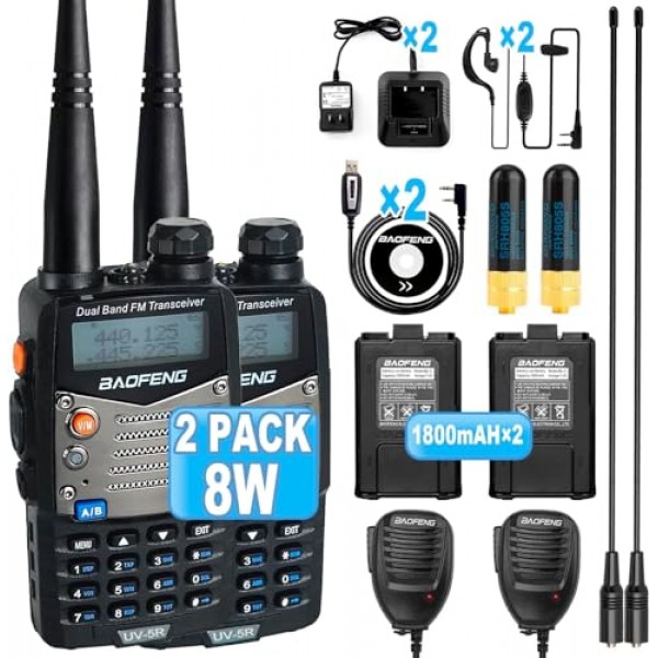 BAOFENG UV-5R 8W 햄 라디오 핸드헬드, 128채널 듀얼 밴드 양방향 라디오, 이어피스 및 마이크가 포함된 아마추어 라디오, 프로그래밍 케이블, 771 안테나(2팩)