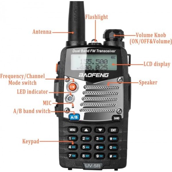 BAOFENG UV-5R 8W 햄 라디오 핸드헬드, 128채널 듀얼 밴드 양방향 라디오, 이어피스 및 마이크가 포함된 아마추어 라디오, 프로그래밍 케이블, 771 안테나(2팩)