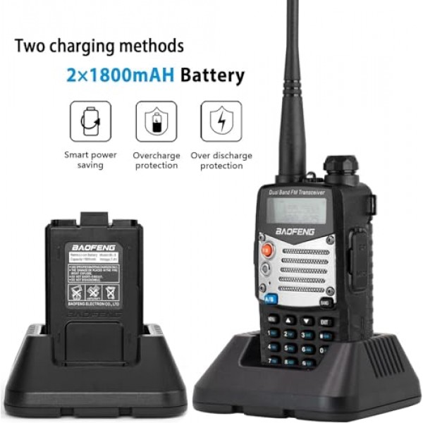 BAOFENG UV-5R 8W 햄 라디오 핸드헬드, 128채널 듀얼 밴드 양방향 라디오, 이어피스 및 마이크가 포함된 아마추어 라디오, 프로그래밍 케이블, 771 안테나(2팩)