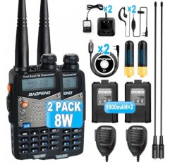 BAOFENG UV-5R 8W 햄 라디오 핸드헬드, 128채널 듀얼 밴드 양방향 라디오, 이어피스 및 마이크가 포함된 아마추어 라디오, 프로그래밍 케이블, 771 안테나(2팩)