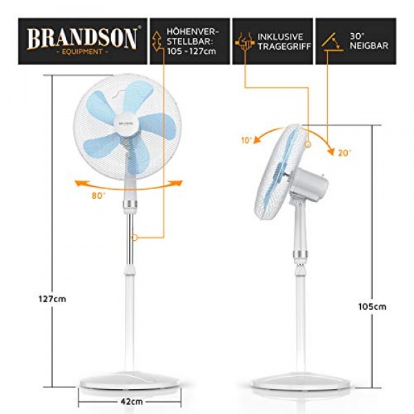 Brandson, 50W 바닥 팬, 40cm 바닥 팬, 높이 조절 가능, 기울기 각도 30° 조절 가능, 높은 공기 흐름, 3단계 속도 설정, 진동 80°, 흰색