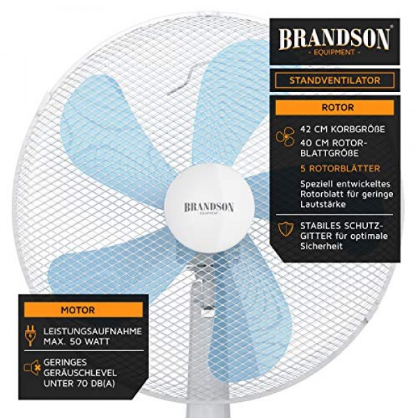 Brandson, 50W 바닥 팬, 40cm 바닥 팬, 높이 조절 가능, 기울기 각도 30° 조절 가능, 높은 공기 흐름, 3단계 속도 설정, 진동 80°, 흰색