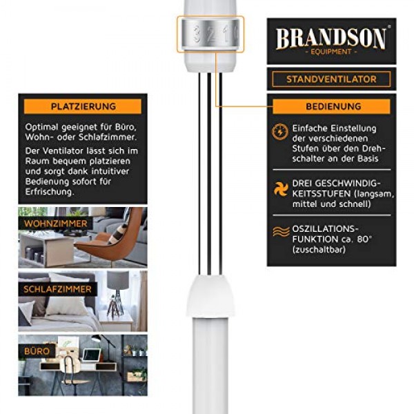 Brandson, 50W 바닥 팬, 40cm 바닥 팬, 높이 조절 가능, 기울기 각도 30° 조절 가능, 높은 공기 흐름, 3단계 속도 설정, 진동 80°, 흰색