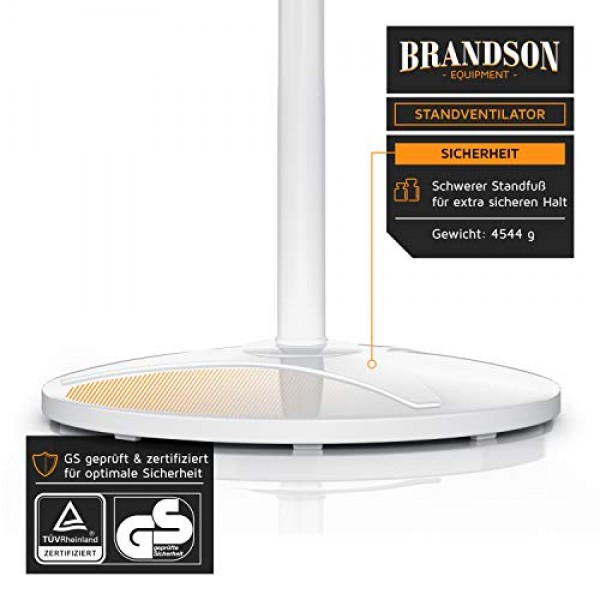 Brandson, 50W 바닥 팬, 40cm 바닥 팬, 높이 조절 가능, 기울기 각도 30° 조절 가능, 높은 공기 흐름, 3단계 속도 설정, 진동 80°, 흰색