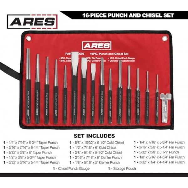 ARES 50005-16피스 펀치 및 치즐 세트 – 다양한 용도를 위한 테이퍼 펀치, 핀 펀치, 센터 펀치 및 콜드 치즐