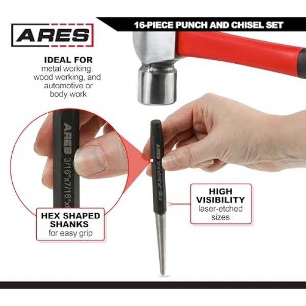 ARES 50005-16피스 펀치 및 치즐 세트 – 다양한 용도를 위한 테이퍼 펀치, 핀 펀치, 센터 펀치 및 콜드 치즐
