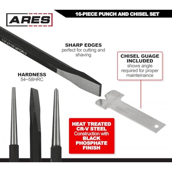 ARES 50005-16피스 펀치 및 치즐 세트 – 다양한 용도를 위한 테이퍼 펀치, 핀 펀치, 센터 펀치 및 콜드 치즐