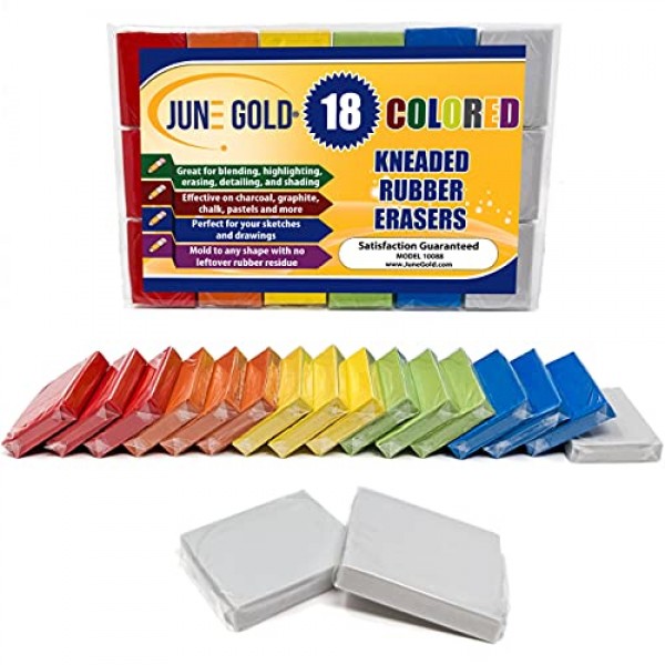 June Gold 반죽 고무 지우개, 컬러, 18개 팩 - 스케치와 그림을 혼합하고, 음영 처리하고, 매끄럽게 하고, 수정하고 밝게 합니다.