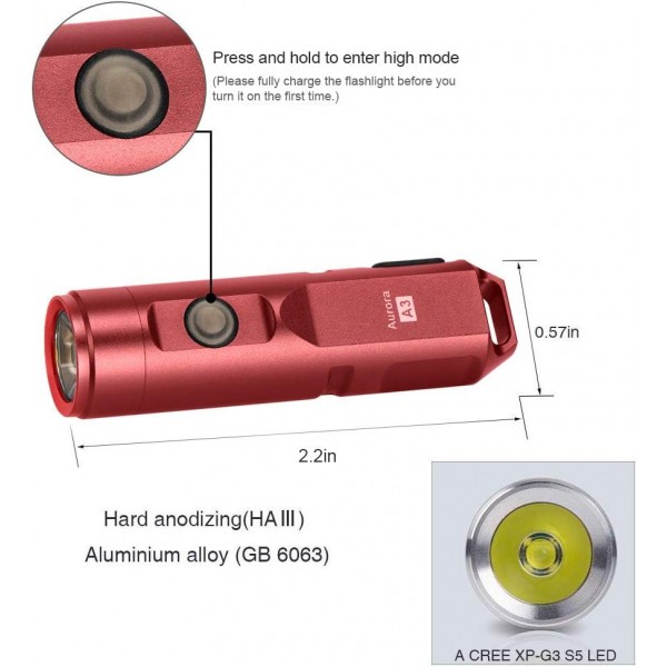 (업그레이드)RovyVon Aurora 650 Lumens Super Bright 야외 EDC 미니 키체인 충전식 LED 손전등,경질 아노다이징 알루미늄 합금 내장 리튬 이온 배터리,방수, A3(빨간색)