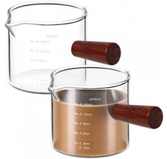 Zubebe 2 팩 150 Ml/ 5 oz 더블 스파우트 에스프레소 샷 안경 (나무 손잡이 포함) 트리플 투수 밀크 컵 측정 바리스타 커피 측정용 투명 에스프레소 측정 컵 유리