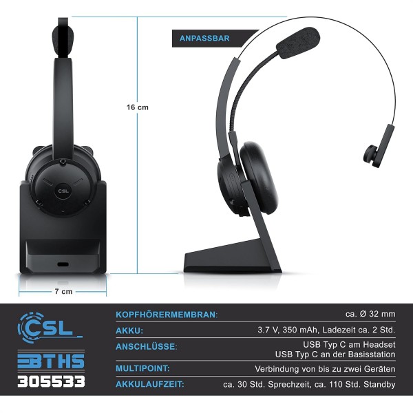 CSL - 충전 스테이션이 있는 무선 헤드셋, 온이어, Bluetooth 5.0, 유연한 마이크가 있는 헤드폰, 다지점, 경량, 핸즈프리, 자동차 및 트럭용 컴퓨터 VoIP 콜 센터 휴대폰