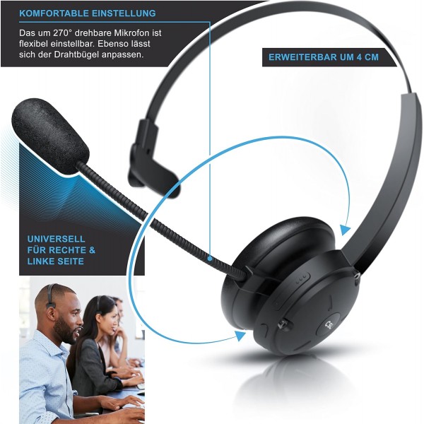 CSL - 충전 스테이션이 있는 무선 헤드셋, 온이어, Bluetooth 5.0, 유연한 마이크가 있는 헤드폰, 다지점, 경량, 핸즈프리, 자동차 및 트럭용 컴퓨터 VoIP 콜 센터 휴대폰