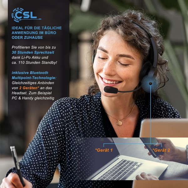 CSL - 충전 스테이션이 있는 무선 헤드셋, 온이어, Bluetooth 5.0, 유연한 마이크가 있는 헤드폰, 다지점, 경량, 핸즈프리, 자동차 및 트럭용 컴퓨터 VoIP 콜 센터 휴대폰