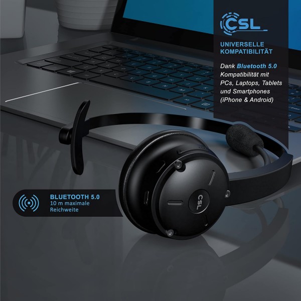 CSL - 충전 스테이션이 있는 무선 헤드셋, 온이어, Bluetooth 5.0, 유연한 마이크가 있는 헤드폰, 다지점, 경량, 핸즈프리, 자동차 및 트럭용 컴퓨터 VoIP 콜 센터 휴대폰