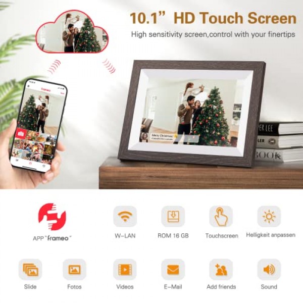 디지털 액자, 10.1인치 디지털 액자, WiFi 1280 x 800 풀 HD IPS 화면, 자동 회전 디지털 액자, 사진/음악/비디오/슬라이드쇼/USB/SD 카드, Frameo 앱을 통해 즉시 공유