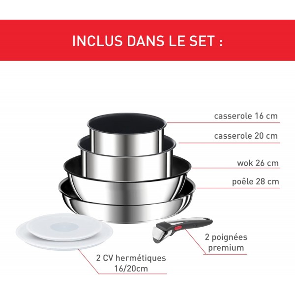 Tefal Ingenio Preference On 7 Piece 조리기구 Stainless Steel Safe Non Stick Stackable Space Saving 온도 Display Induction Made in France L9749702