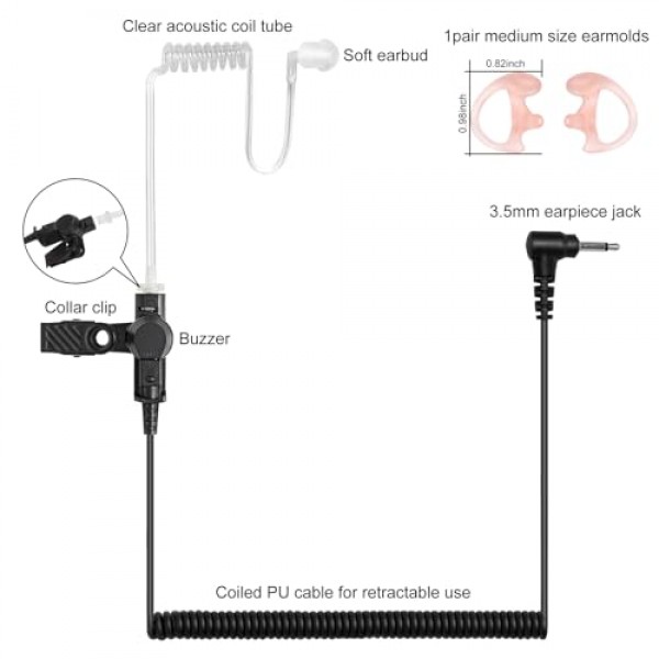 3.5mm 1핀 듣기 전용 Motorola Kenwood Baofeng 등의 스피커 마이크용 음향 튜브 이어폰, 경찰 보안 및 법 집행용 음향 튜브 수신 전용 헤드셋(2팩)