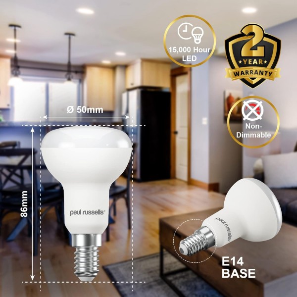 paul russells LED 전구 소형 에디슨 나사 E14, 40w 백열 전구 등가, 6W 470LM LED 전구, 멋진 흰색 4000K, 젖빛 스포트라이트 SES R50 에너지 절약 전구 6개 팩
