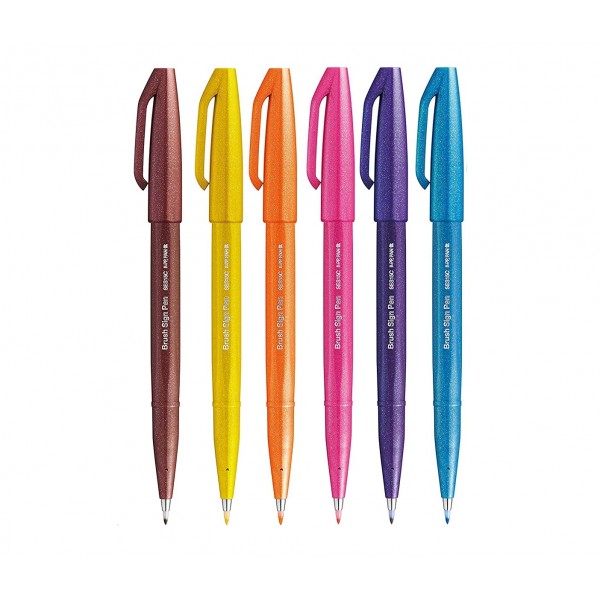 Pentel Flexible Brush-like Fiber Pen 보조 컬러 세트 - 옐로우, 바이올렛, 라이트 블루, 핑크, 오렌지
