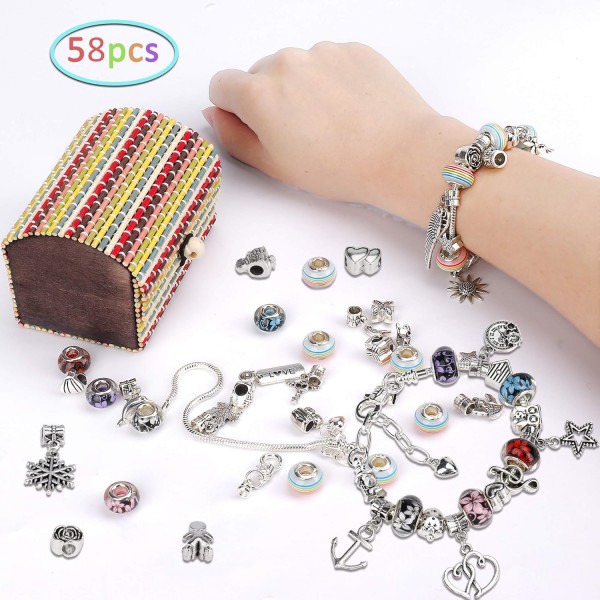 QH-Shop DIY 매력 팔찌 키트, 펜던트 컬러 비즈가있는 58Pcs 쥬얼리 만들기 공예 키트 실버 체인, 소녀를위한 수제 선물 십대 생일 기념일
