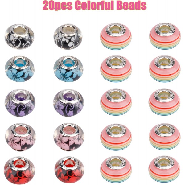 QH-Shop DIY 매력 팔찌 키트, 펜던트 컬러 비즈가있는 58Pcs 쥬얼리 만들기 공예 키트 실버 체인, 소녀를위한 수제 선물 십대 생일 기념일