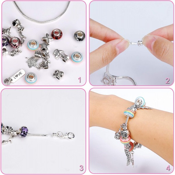 QH-Shop DIY 매력 팔찌 키트, 펜던트 컬러 비즈가있는 58Pcs 쥬얼리 만들기 공예 키트 실버 체인, 소녀를위한 수제 선물 십대 생일 기념일