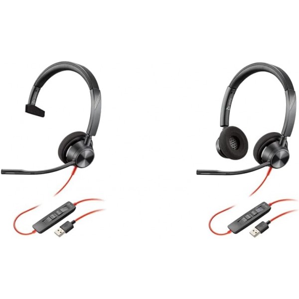 Plantronics - Blackwire 3310 USB-A(폴리) - 마이크 붐이 포함된 유선 1이어 헤드셋(모노) 및 마이크 붐이 포함된 Blackwire 3320 USB-A(폴리) - 마이크 붐이 포함된 유선 2이어 헤드셋(