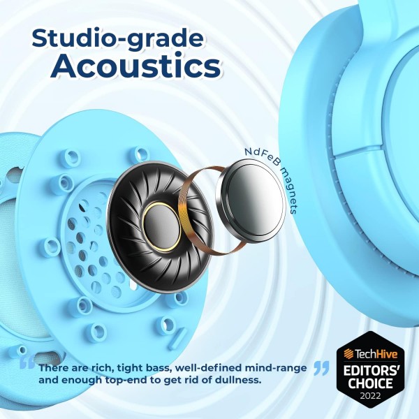 Tribit Kids Headphones 어린이용 안전 사운드 헤드폰 마이크 볼륨 제한기가 있는 HD 스테레오 헤드폰 85/94dB 공유 기능 학교 여행용 접이식 헤드폰(파란색)