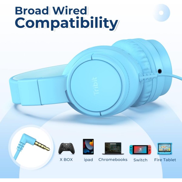 Tribit Kids Headphones 어린이용 안전 사운드 헤드폰 마이크 볼륨 제한기가 있는 HD 스테레오 헤드폰 85/94dB 공유 기능 학교 여행용 접이식 헤드폰(파란색)