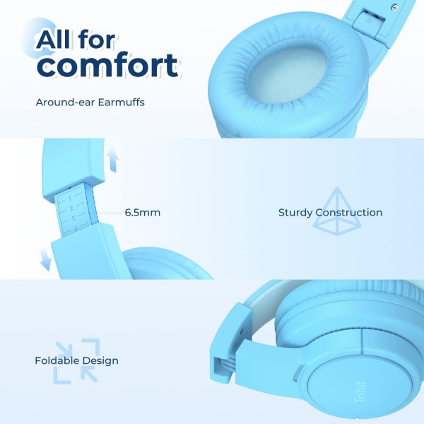 Tribit Kids Headphones 어린이용 안전 사운드 헤드폰 마이크 볼륨 제한기가 있는 HD 스테레오 헤드폰 85/94dB 공유 기능 학교 여행용 접이식 헤드폰(파란색)