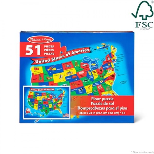 Melissa & Doug 미국 지도 바닥 퍼즐(51개, 2 x 3피트), 멀티