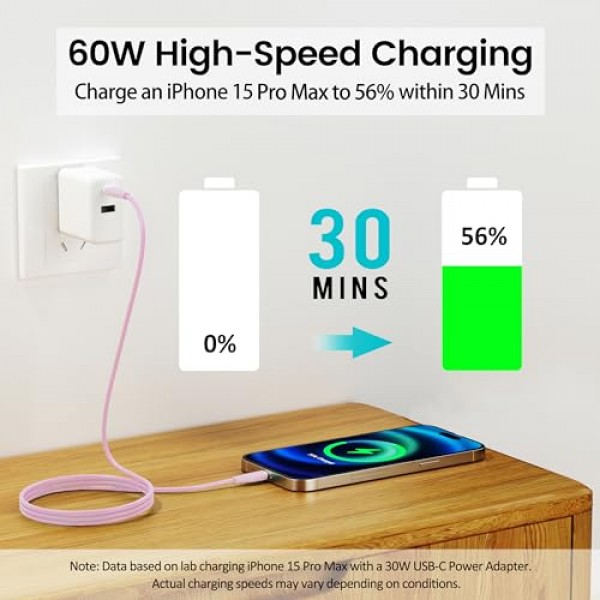 USB-C - USB-C 고속 충전 케이블(2팩, 6피트) Apple 인증 USB C 코드용 60W Type C 충전기 케이블 iPhone 15 Pro Max Plus와 호환 삼성 S24 S23 S22 MacBook Air iPad Pro - 핑크