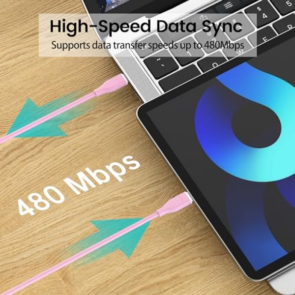 USB-C - USB-C 고속 충전 케이블(2팩, 6피트) Apple 인증 USB C 코드용 60W Type C 충전기 케이블 iPhone 15 Pro Max Plus와 호환 삼성 S24 S23 S22 MacBook Air iPad Pro - 핑크