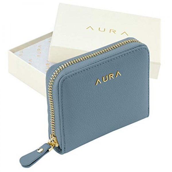 POWR Aura 여성용 지갑, 세련된 여성용 지갑 카드 슬롯 12개, 지퍼 동전 포켓 및 메모 및 영수증용 내부 수납칸 2개가 있는 소형 신용 카드 지갑, PU 가죽, 데님 블루, 우아