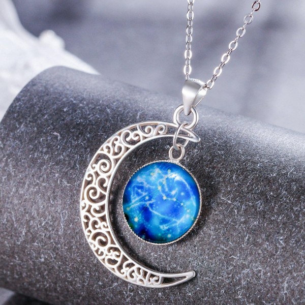 Clearine 925 Sterling Silver 12 Zodiac Constellation Crescent Pendant with Luminous Glass 동전 목걸이 04. 황소자리 (4월 20일 - 5월 20일)
