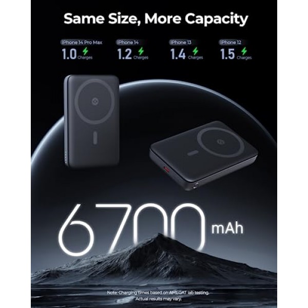 MagSafe용 AMEGAT 마그네틱 배터리 팩 6700mAh, 20W USB-C 고속 충전 기능을 갖춘 접이식 킥스탠드 무선 휴대용 충전기, iPhone 15/15 Plus/15 Pro/15 Pro Max, iPhone 14/13/12 시리즈 전용