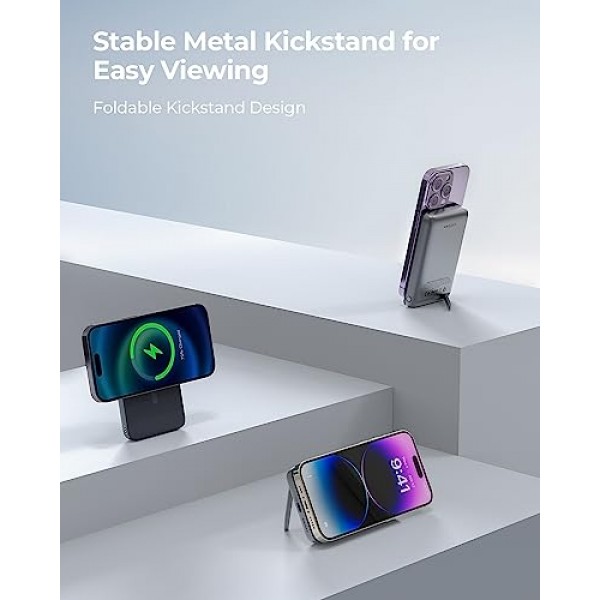 MagSafe용 AMEGAT 마그네틱 배터리 팩 6700mAh, 20W USB-C 고속 충전 기능을 갖춘 접이식 킥스탠드 무선 휴대용 충전기, iPhone 15/15 Plus/15 Pro/15 Pro Max, iPhone 14/13/12 시리즈 전용