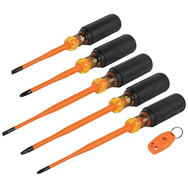 Klein Tools 33736INS 절연 드라이버 세트, 1000V 슬림 팁 드라이버(필립스, 캐비닛, 사각 비트 및 자화기 포함), 6피스