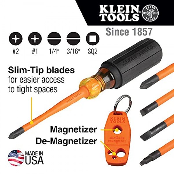 Klein Tools 33736INS 절연 드라이버 세트, 1000V 슬림 팁 드라이버(필립스, 캐비닛, 사각 비트 및 자화기 포함), 6피스