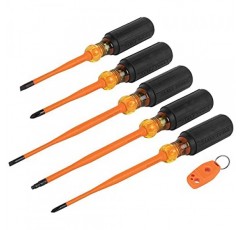 Klein Tools 33736INS 절연 드라이버 세트, 1000V 슬림 팁 드라이버(필립스, 캐비닛, 사각 비트 및 자화기 포함), 6피스