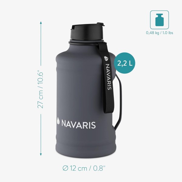 Navaris 2.2리터 피트니스 물병 - 손잡이 포함 - XXL 물병 Gym Bottle - 스포츠 물병 Water Jug - 스테인리스 스틸 다크 그레이로 제작된 안정적인 스포츠 물병