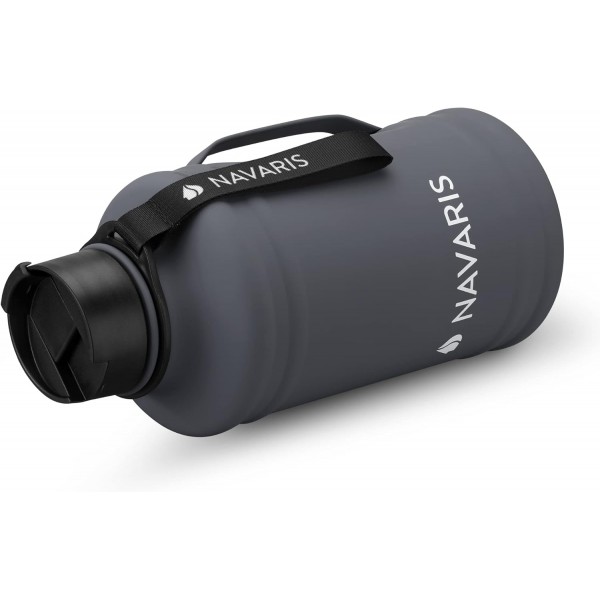 Navaris 2.2리터 피트니스 물병 - 손잡이 포함 - XXL 물병 Gym Bottle - 스포츠 물병 Water Jug - 스테인리스 스틸 다크 그레이로 제작된 안정적인 스포츠 물병